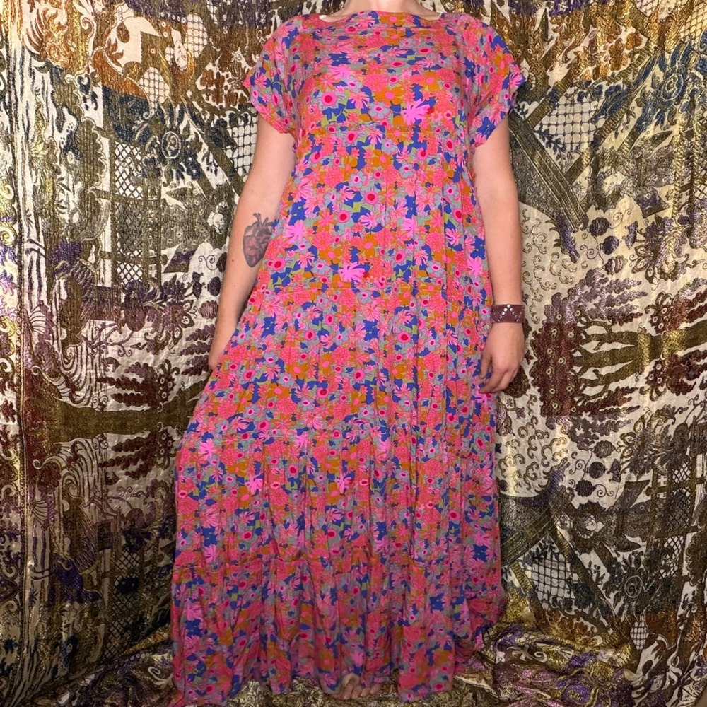 NWT Natural Life Pink Garden Floral Square Neck Tiered Lagen Maxi Dress Size XL